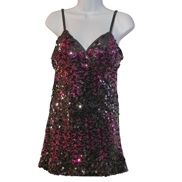 Wet Seal Tops - Y2K Wet Seal Womens Sequin Tank Top Black Pink V-Neck Adjustable Straps Size L